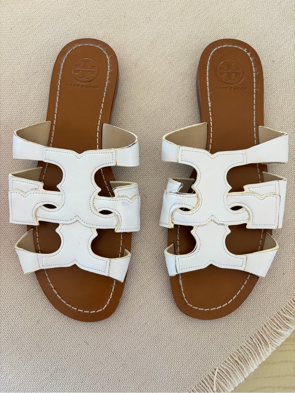 Tory Burch White Leather Cutout Slide Sandals